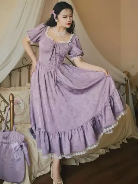 Robe Lolita Classique Polyester Manches Courtes Jacquard Robes Lolita Classique Violet