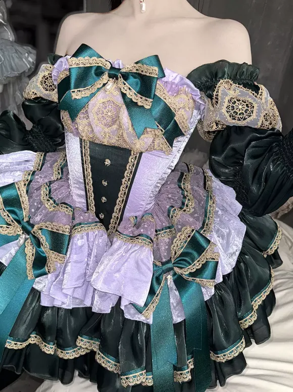 Robe Lolita classique sans bretelles avec n艙ud en dentelle robe Lolita de style victorien verte