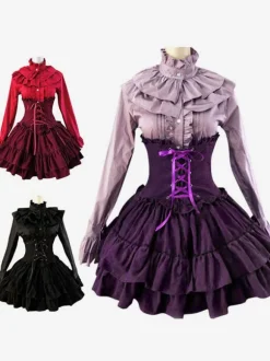Robe Lolita Classique taille haute Jupe Mignonne en velours unicolore dentelle Déguisements