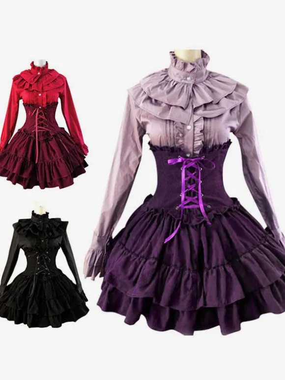 Robe Lolita Classique taille haute Jupe Mignonne en velours unicolore dentelle Déguisements