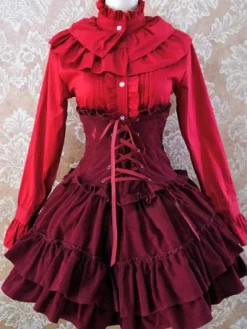Robe Lolita Classique taille haute Jupe Mignonne en velours unicolore dentelle Déguisements