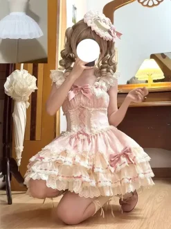 Robe Lolita de ballet douce sans manches à lacets ras du cou et volants robe Lolita rose avec chapeau