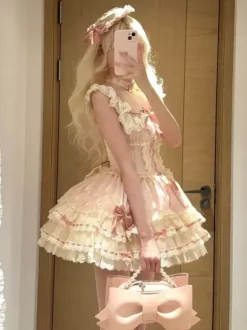 Robe Lolita de ballet douce sans manches à lacets ras du cou et volants robe Lolita rose avec chapeau