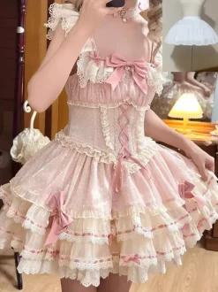 Robe Lolita de ballet douce sans manches à lacets ras du cou et volants robe Lolita rose avec chapeau
