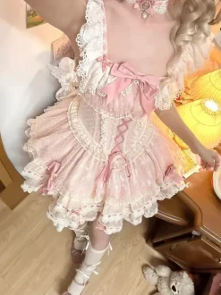 Robe Lolita de ballet douce sans manches à lacets ras du cou et volants robe Lolita rose avec chapeau