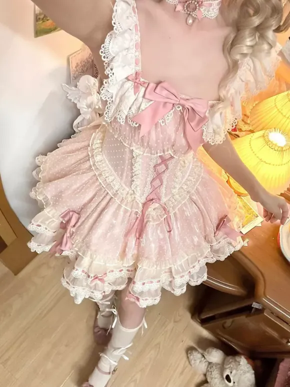 Robe Lolita de ballet douce sans manches à lacets ras du cou et volants robe Lolita rose avec chapeau