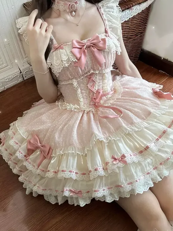 Robe Lolita de ballet douce sans manches à lacets ras du cou et volants robe Lolita rose avec chapeau
