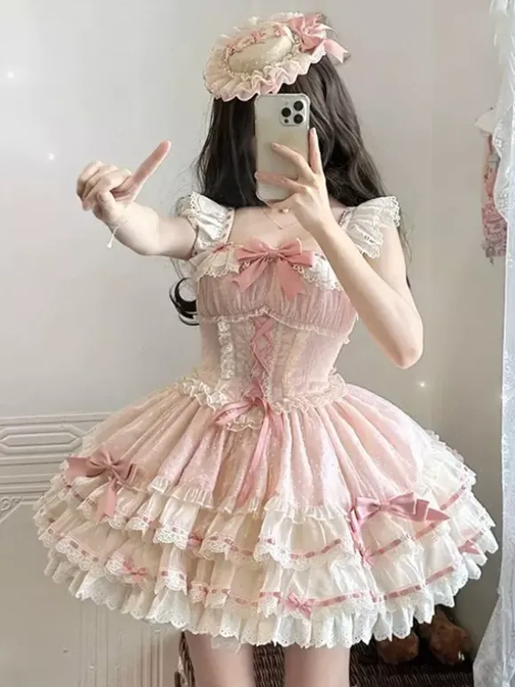 Robe Lolita de ballet douce sans manches à lacets ras du cou et volants robe Lolita rose avec chapeau