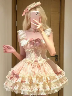 Robe Lolita de ballet douce sans manches à lacets ras du cou et volants robe Lolita rose avec chapeau