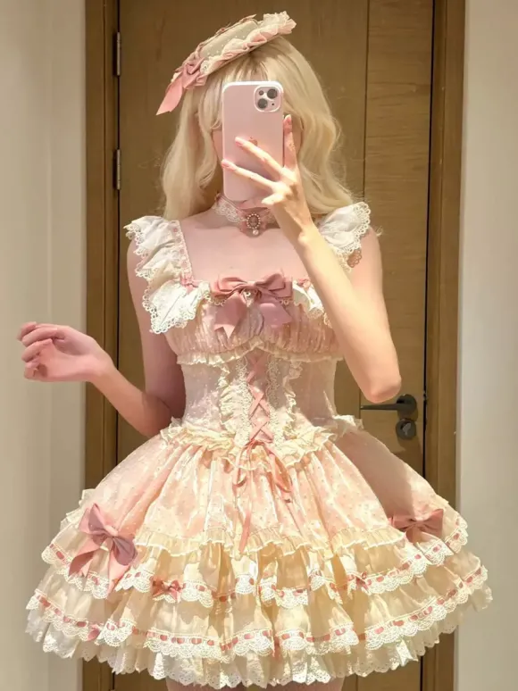 Robe Lolita de ballet douce sans manches à lacets ras du cou et volants robe Lolita rose avec chapeau