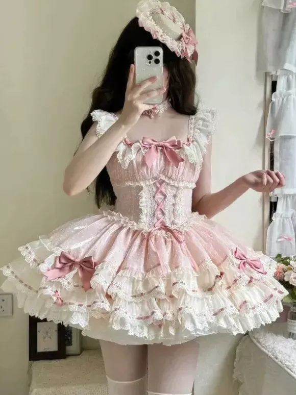 Robe Lolita de ballet douce sans manches à lacets ras du cou et volants robe Lolita rose avec chapeau
