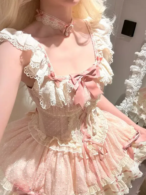 Robe Lolita de ballet douce sans manches à lacets ras du cou et volants robe Lolita rose avec chapeau