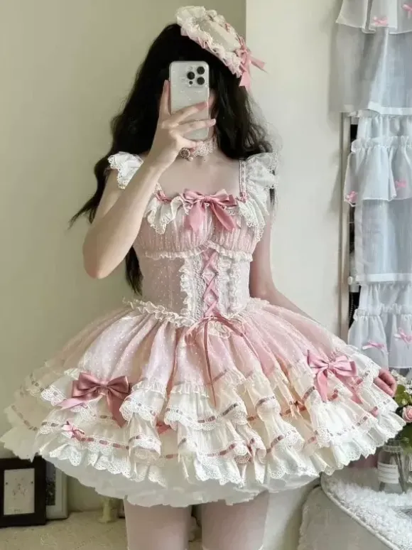 Robe Lolita de ballet douce sans manches à lacets ras du cou et volants robe Lolita rose avec chapeau