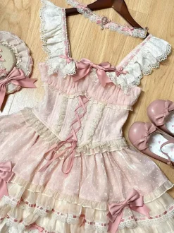 Robe Lolita de ballet douce sans manches à lacets ras du cou et volants robe Lolita rose avec chapeau