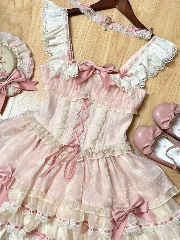 Robe Lolita de ballet douce sans manches à lacets ras du cou et volants robe Lolita rose avec chapeau