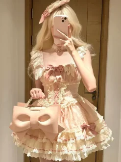 Robe Lolita de ballet douce sans manches à lacets ras du cou et volants robe Lolita rose avec chapeau
