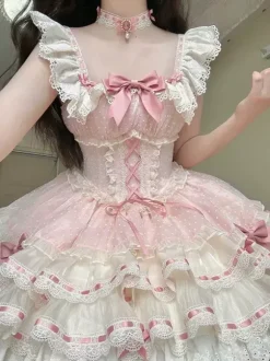 Robe Lolita de ballet douce sans manches à lacets ras du cou et volants robe Lolita rose avec chapeau