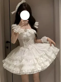 Robe Lolita de ballet douce sans manches à lacets ras du cou et volants robe Lolita rose avec chapeau