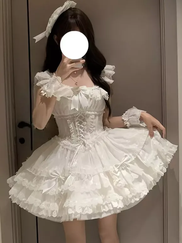 Robe Lolita de ballet douce sans manches à lacets ras du cou et volants robe Lolita rose avec chapeau