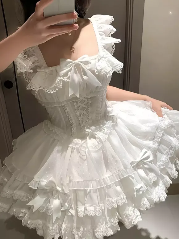 Robe Lolita de ballet douce sans manches à lacets ras du cou et volants robe Lolita rose avec chapeau