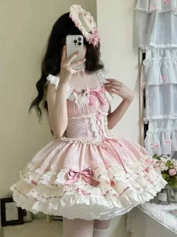 Robe Lolita de ballet douce sans manches à lacets ras du cou et volants robe Lolita rose avec chapeau
