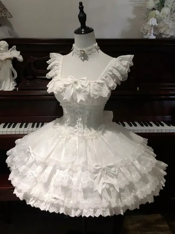 Robe Lolita de ballet douce sans manches à lacets ras du cou et volants robe Lolita rose avec chapeau