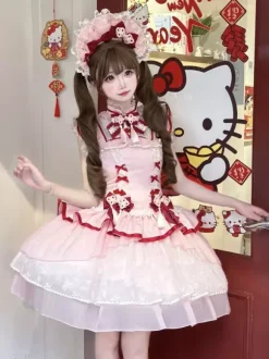 Robe Lolita de style chinois rose sans manches en jacquard à franges en polyester doux mode kawaii