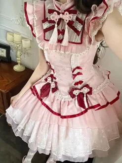 Robe Lolita de style chinois rose sans manches en jacquard à franges en polyester doux mode kawaii
