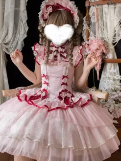 Robe Lolita de style chinois rose sans manches en jacquard à franges en polyester doux mode kawaii