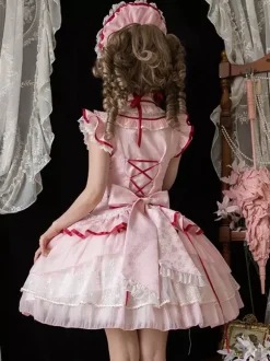 Robe Lolita de style chinois rose sans manches en jacquard à franges en polyester doux mode kawaii