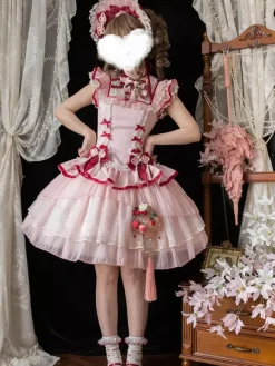 Robe Lolita de style chinois rose sans manches en jacquard à franges en polyester doux mode kawaii