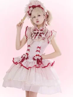 Robe Lolita de style chinois rose sans manches en jacquard à franges en polyester doux mode kawaii