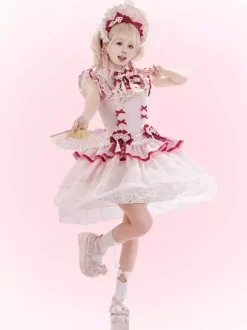 Robe Lolita de style chinois rose sans manches en jacquard à franges en polyester doux mode kawaii