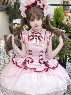 Robe Lolita de style chinois rose sans manches en jacquard à franges en polyester doux mode kawaii
