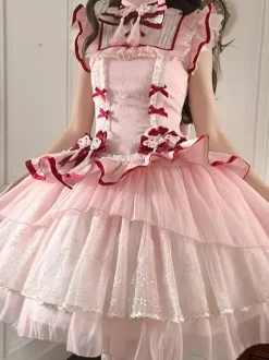 Robe Lolita de style chinois rose sans manches en jacquard à franges en polyester doux mode kawaii