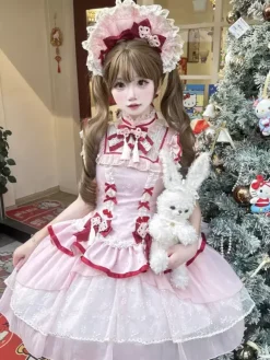 Robe Lolita de style chinois rose sans manches en jacquard à franges en polyester doux mode kawaii
