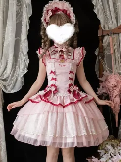 Robe Lolita de style chinois rose sans manches en jacquard à franges en polyester doux mode kawaii