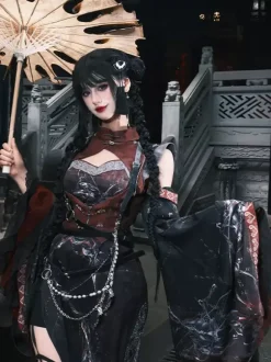 Robe Lolita de style chinois à manches longues croisées en polyester imprimé animal de style chinois noir rouge Lolita de style chinois