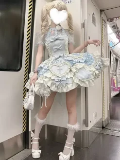 Robe Lolita Douce Ballet dos nu sans manches à volants et lacets bleue avec traîne