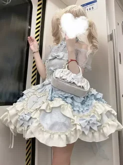 Robe Lolita Douce Ballet dos nu sans manches à volants et lacets bleue avec traîne