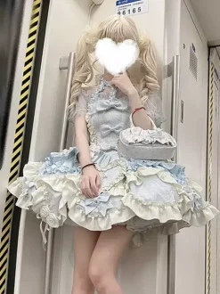 Robe Lolita Douce Ballet dos nu sans manches à volants et lacets bleue avec traîne