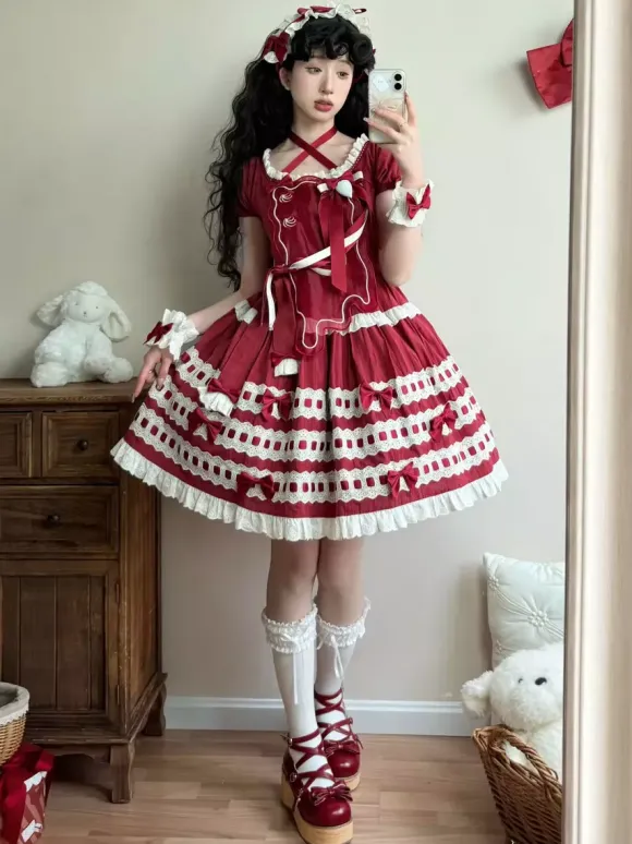 Robe Lolita douce bleu ciel clair manches courtes volants tenue décontractée en polyester style kawaii