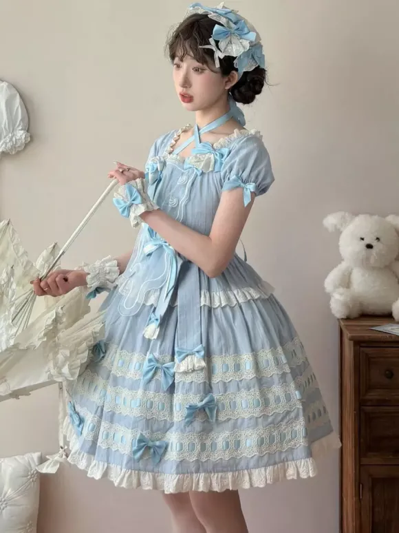 Robe Lolita douce bleu ciel clair manches courtes volants tenue décontractée en polyester style kawaii