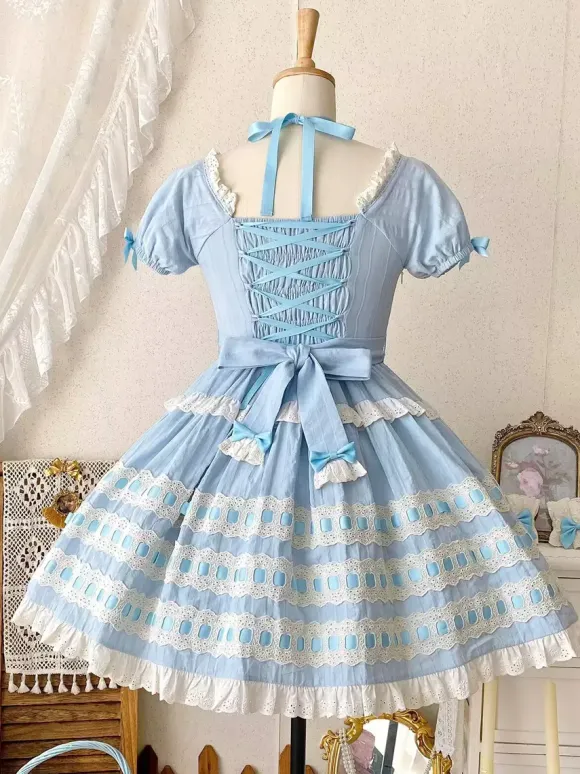 Robe Lolita douce bleu ciel clair manches courtes volants tenue décontractée en polyester style kawaii
