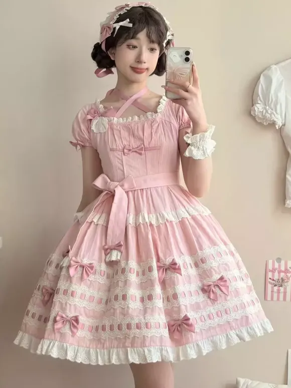 Robe Lolita douce bleu ciel clair manches courtes volants tenue décontractée en polyester style kawaii