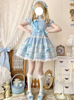 Robe Lolita douce bleu ciel clair manches courtes volants tenue décontractée en polyester style kawaii