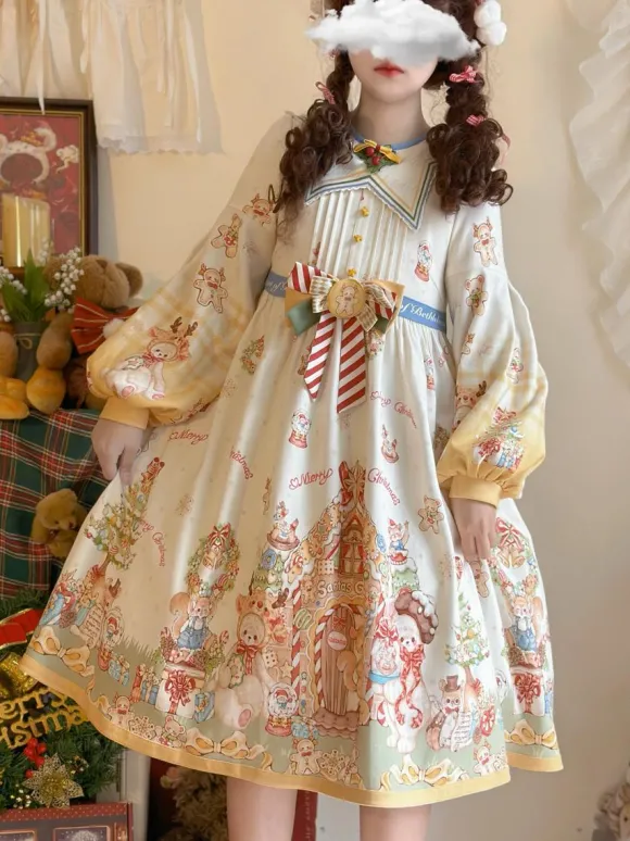 Robe Lolita douce en polyester à manches longues avec n艙uds Robe Lolita de Noël douce