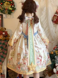 Robe Lolita douce en polyester à manches longues avec n艙uds Robe Lolita de Noël douce