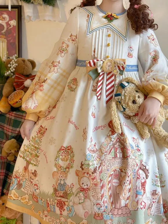 Robe Lolita douce en polyester à manches longues avec n艙uds Robe Lolita de Noël douce