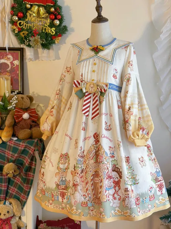 Robe Lolita douce en polyester à manches longues avec n艙uds Robe Lolita de Noël douce